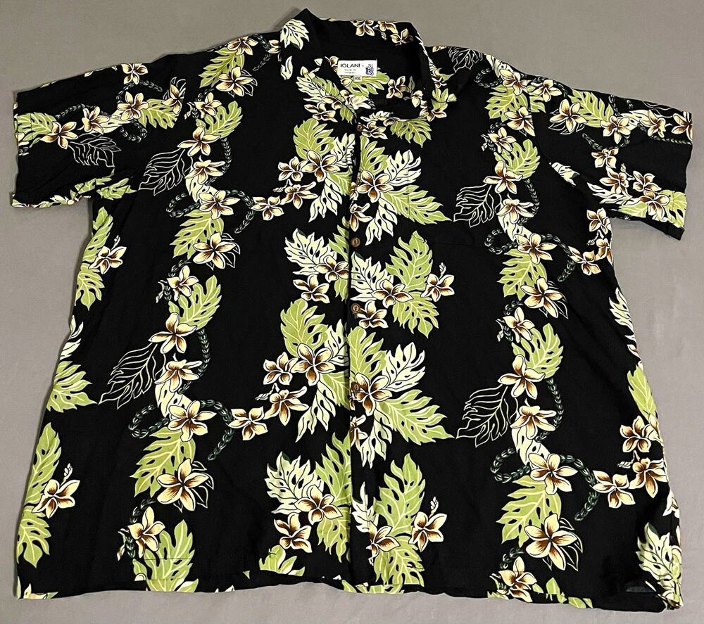 Vintage Iolani Mens XXL Black Floral Rayon Hawaiian Shirt Made in Hawaii